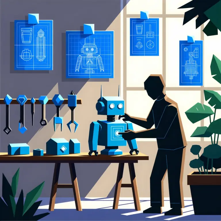 风格化插图，人物在车间里制造几何机器人